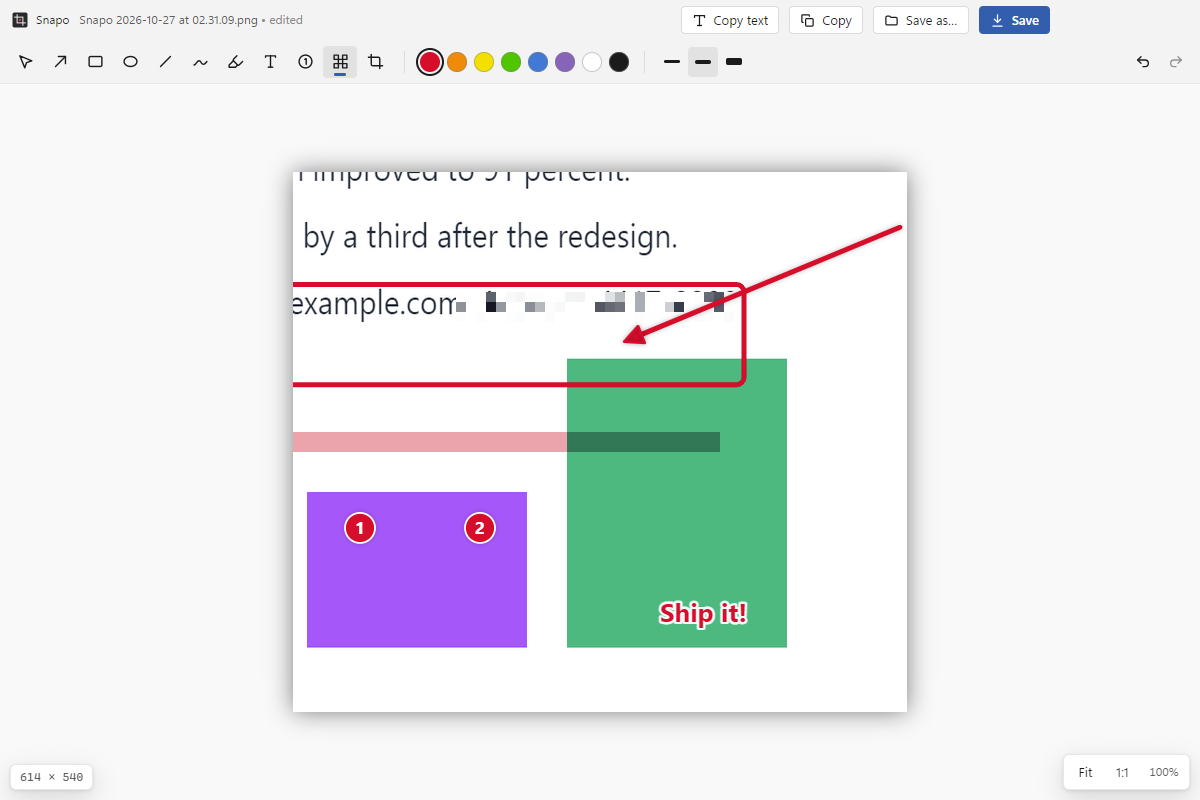 The Snapo editor. A screenshot of a report has a red arrow, a red box, two numbered steps, the text 'Ship it!', and a pixelated account number.