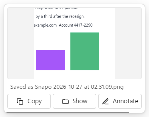 Snapo's corner preview showing the captured image, the saved file name, and Copy, Show and Annotate buttons